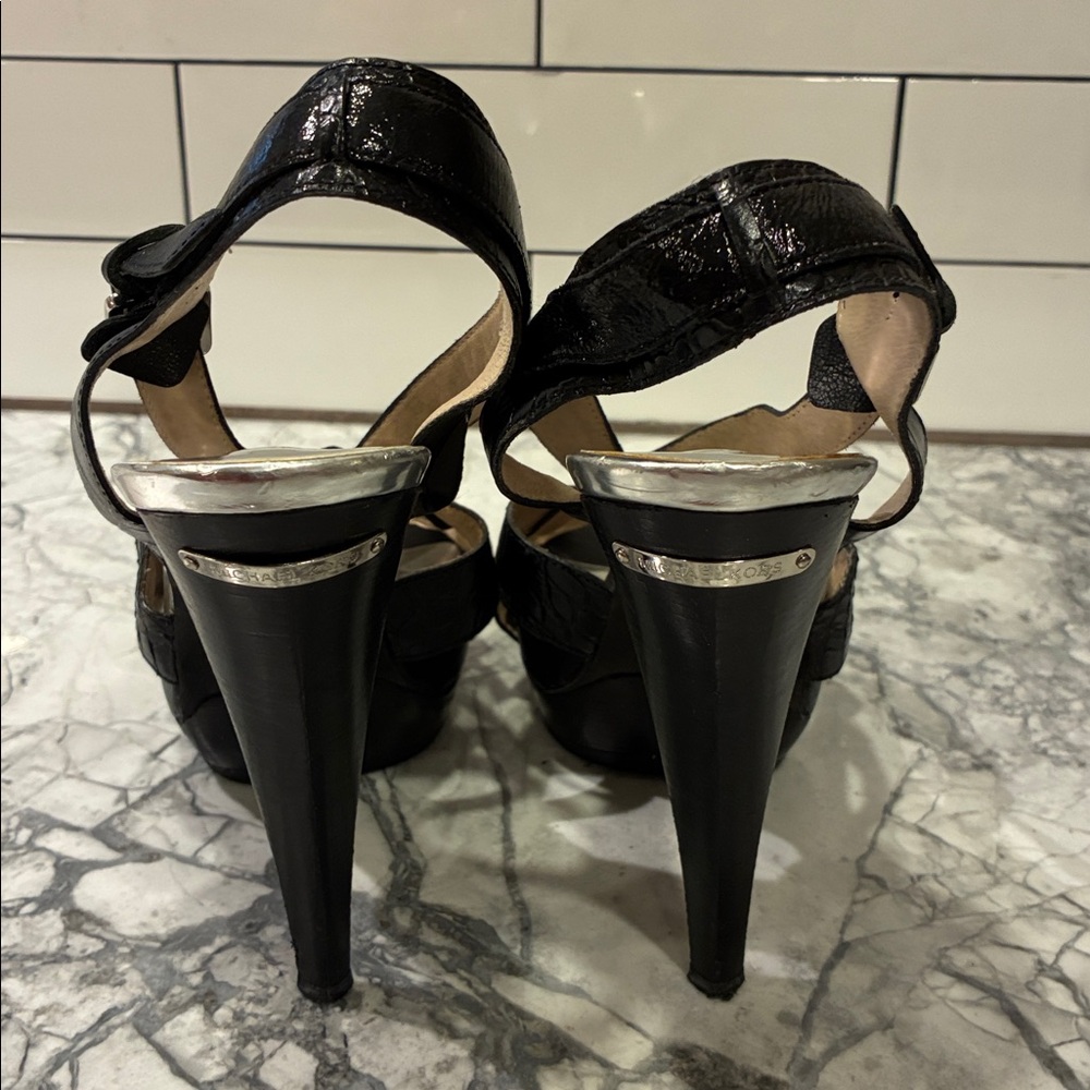 MICHAEL Michael Kors Black Croc-Embossed Platform Slingback Heels - Picture 10 of 16